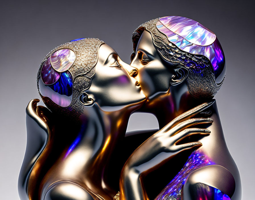 Stylized digital art: Metallic figures with gemstone headpieces kissing on gradient backdrop