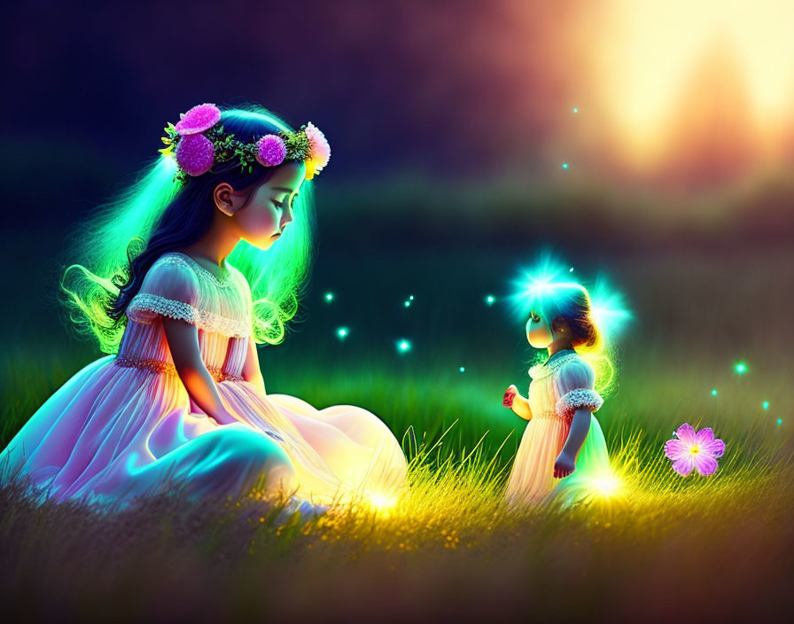 Young girl in flowery headband watching luminescent figure in glowing field at dusk