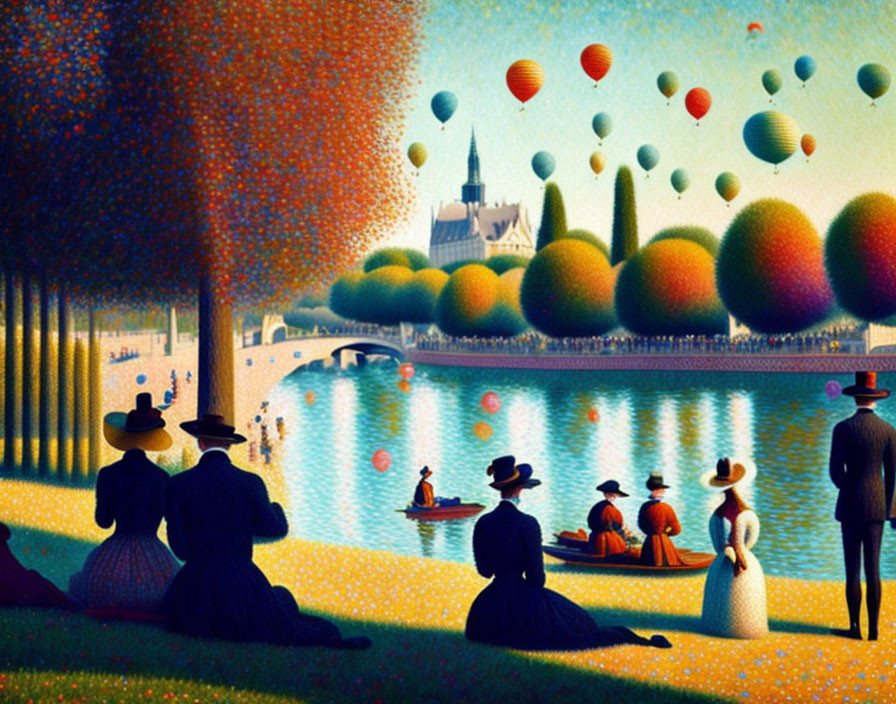 Colorful painting of people by river and hot air balloons above castle landscape