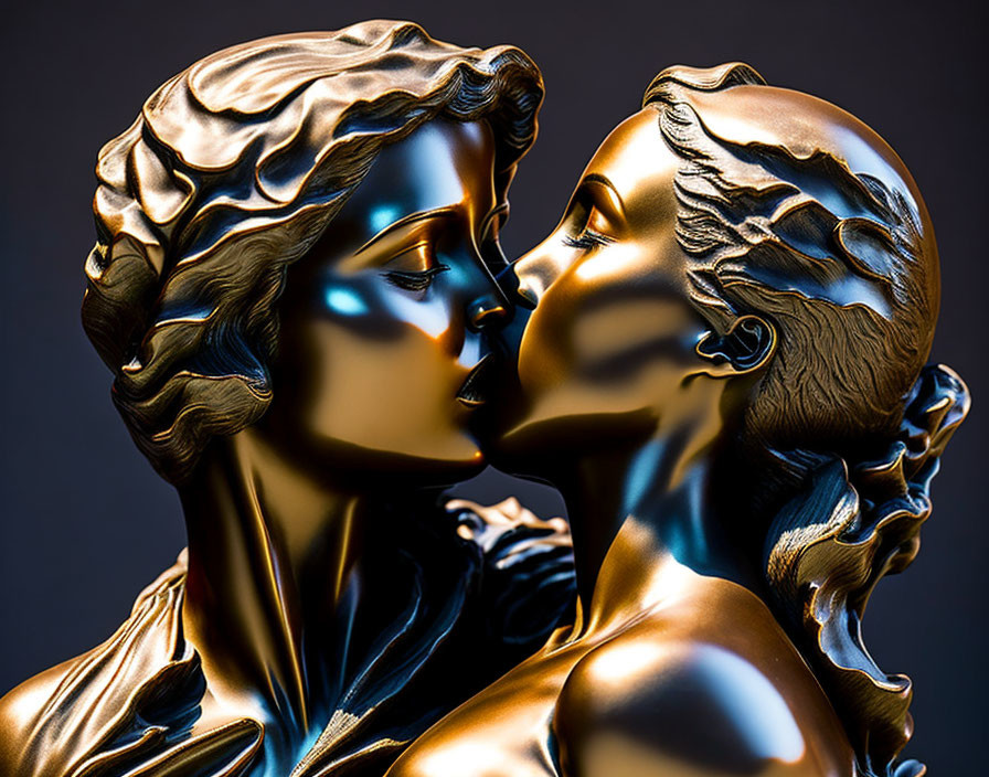 Golden sculptures of human faces kissing in profile with detailed blue-toned hair.