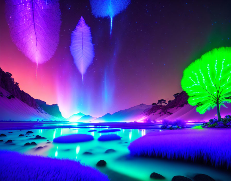 Fantasy landscape with glowing trees, neon rivers, and luminous night sky