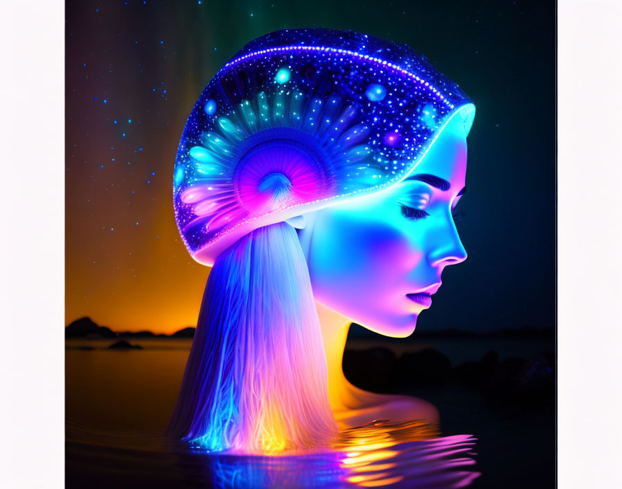 Colorful woman with cosmic makeup and headgear reflecting in water at sunset.