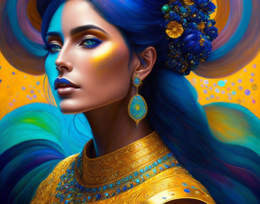 Colorful illustration of woman with blue hair and flowers, gold jewelry, glitter on face