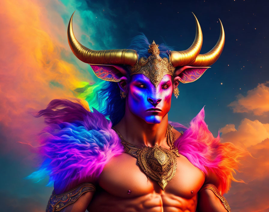 Vibrant fantasy creature with blue skin and golden horns in dramatic setting