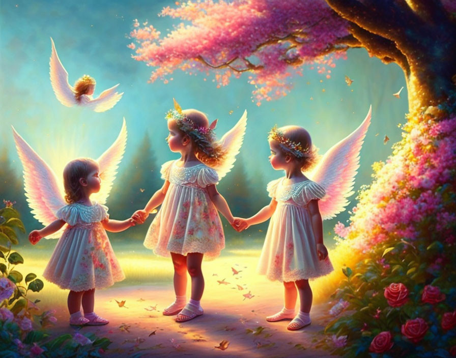 Ethereal winged children in enchanted garden with flowers and dove