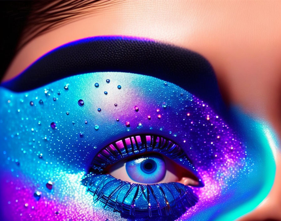 Eye with Vibrant Blue and Purple Makeup, Glitter, and Dramatic Eyelashes