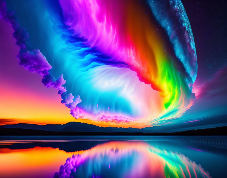 Colorful surreal sky reflected in lake with distant mountains