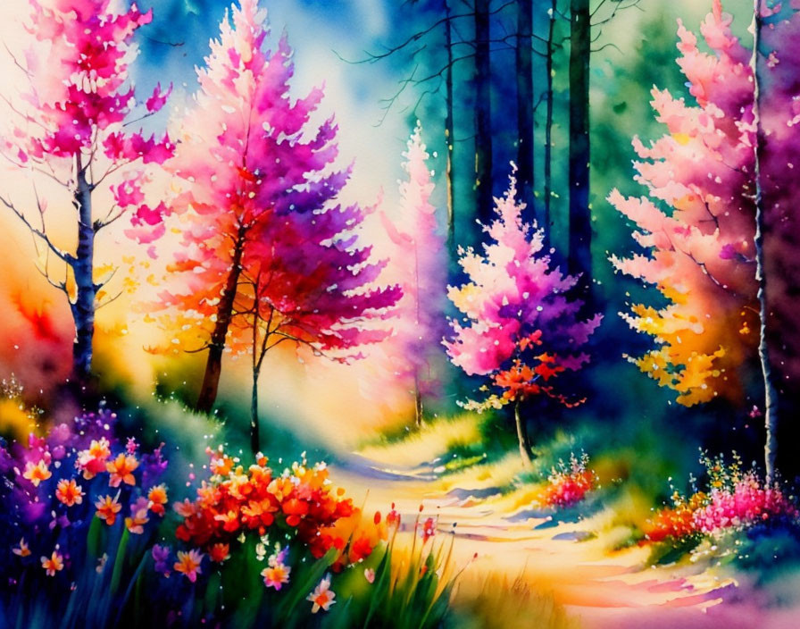 Colorful Watercolor Painting of Whimsical Forest Pathway