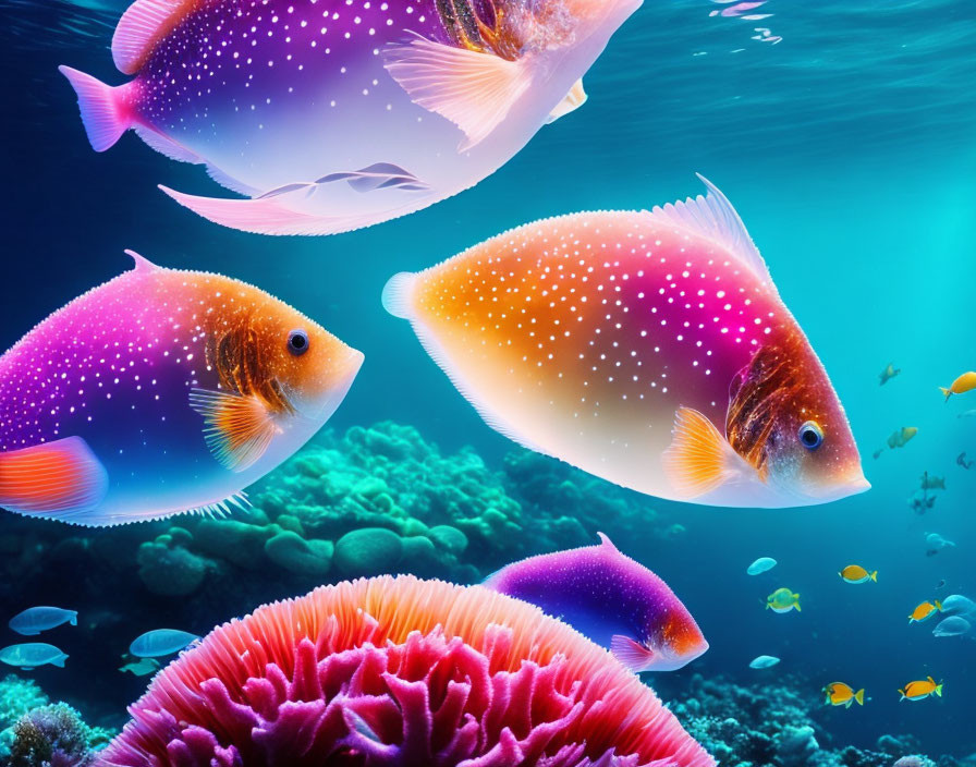 Colorful Fish with Starry Patterns Swimming Above Coral Reef