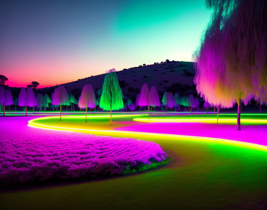 Colorful Neon-Lit Landscape Under Twilight Sky