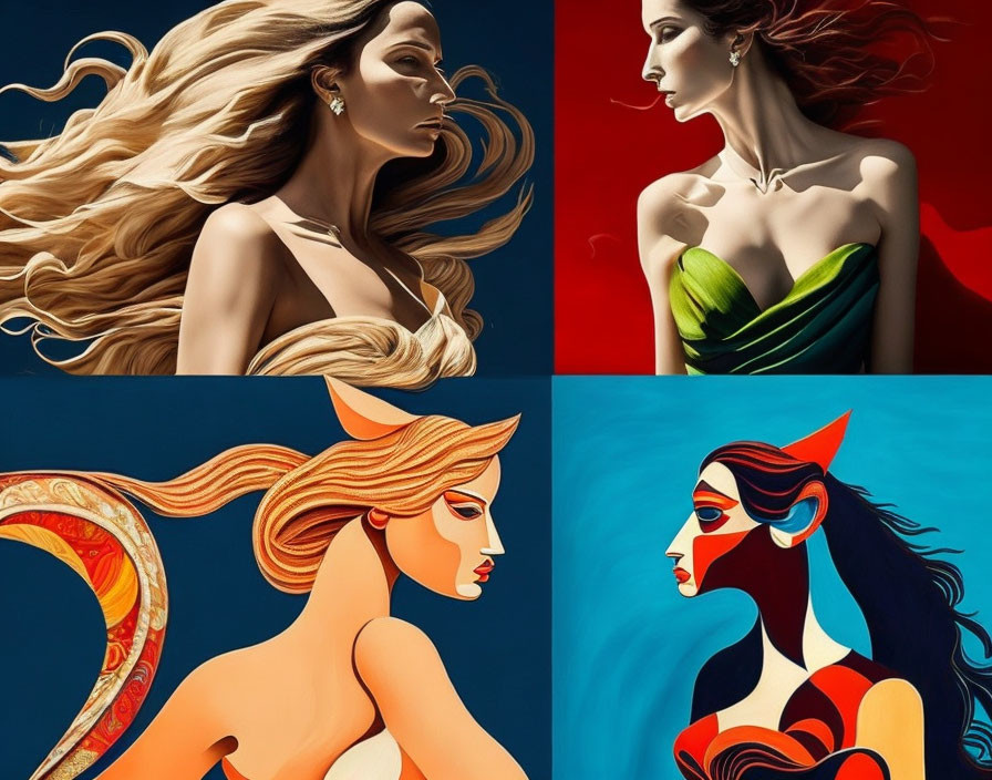 Stylized portraits of women with flowing hair and vibrant colors