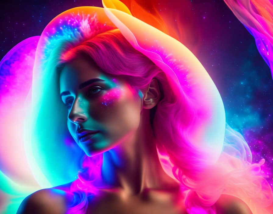 Vibrant neon lights surround woman in portrait