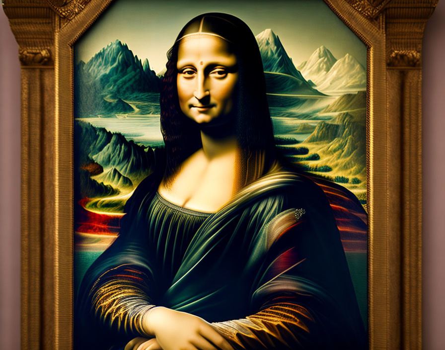 Digitally Altered Mona Lisa with Exaggerated Features and Vibrant Colors