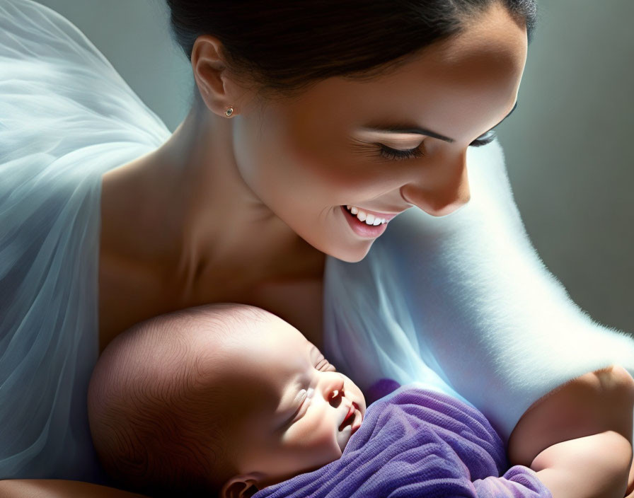 Smiling woman holding sleeping baby in purple blanket