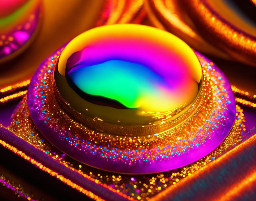 Iridescent bubble on glittery surface with golden background