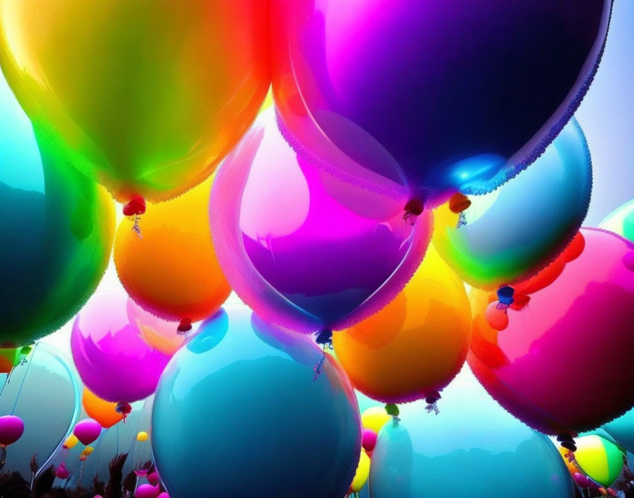 Colorful cluster of glossy balloons with reflections under bright light