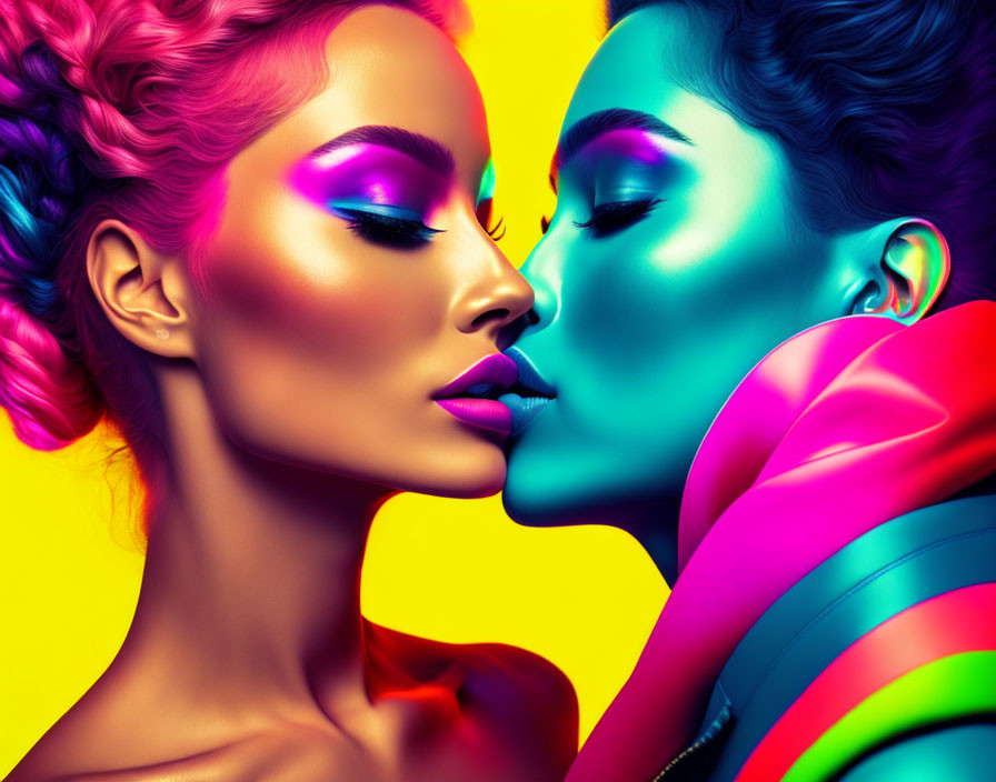 Vibrant makeup women in close pose with rainbow lighting on yellow background