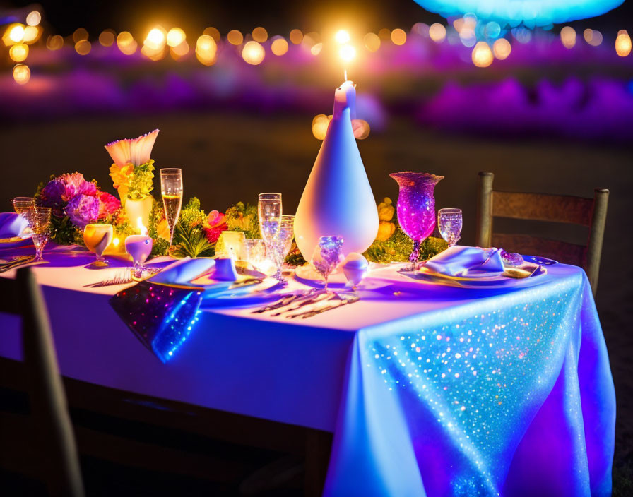 Elegant Night Dining Table with Blue LED-lit Tablecloth & Candlelit Ambiance