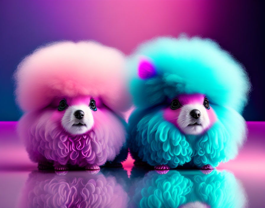 Fluffy Toy Dogs with Colorful Hair on Pink and Purple Background