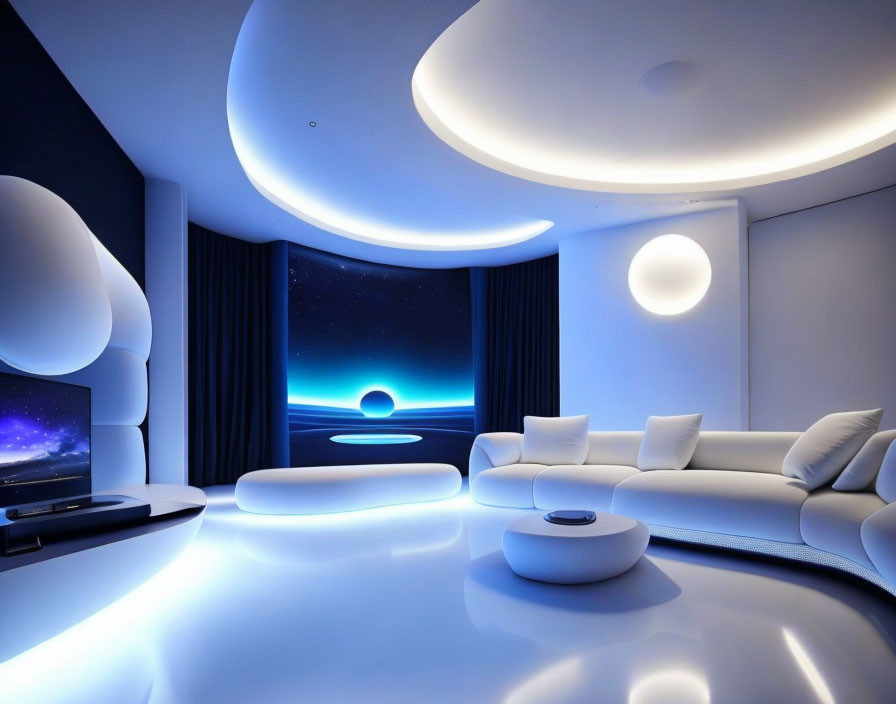 Contemporary living room with blue lighting, white furniture, circular design, and starlit window view.