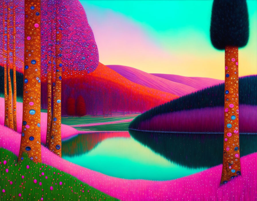 Colorful surreal landscape: patterned trees, hills, serene lake, pastel sky