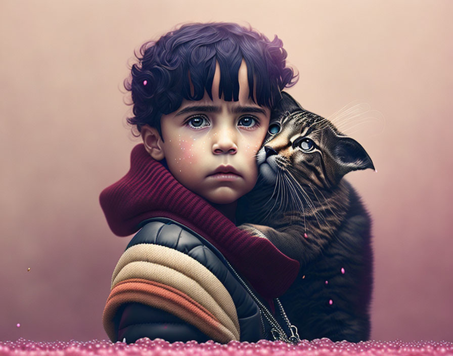 Child with curly hair embracing tabby cat on pink background