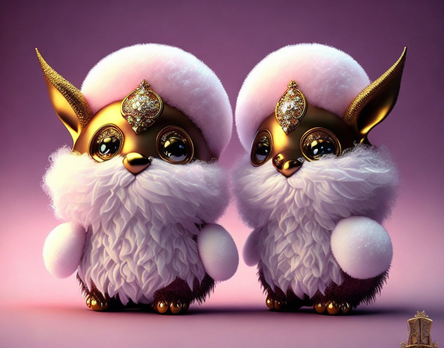 Fluffy creatures with large eyes and gold jewelry on purple background