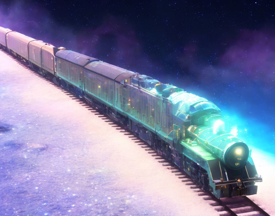 Starry night landscape with gleaming train under blue lights