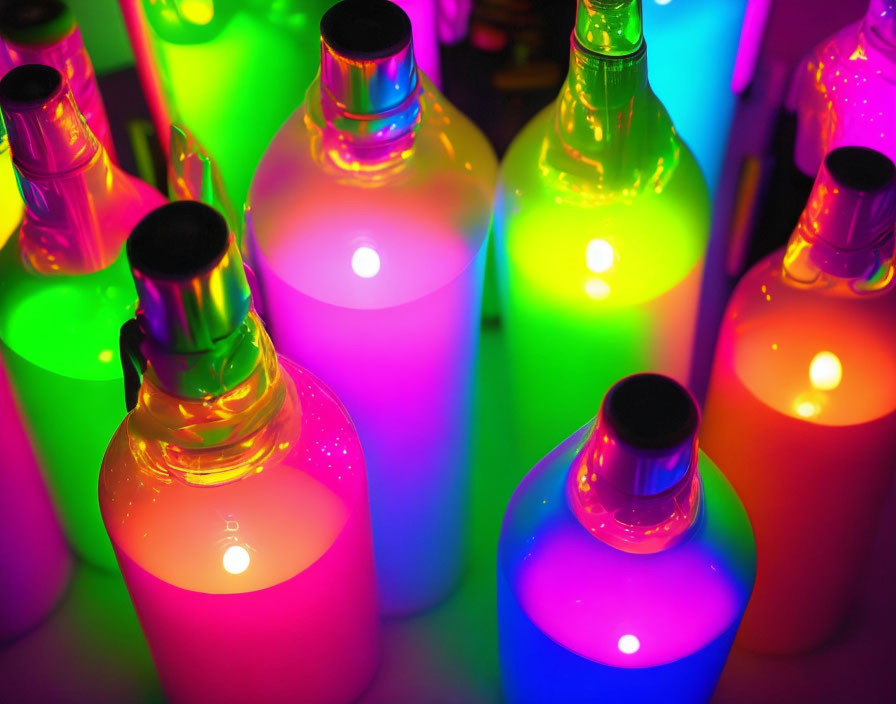 Neon pink, green, yellow, and blue illuminated bottles in vibrant display