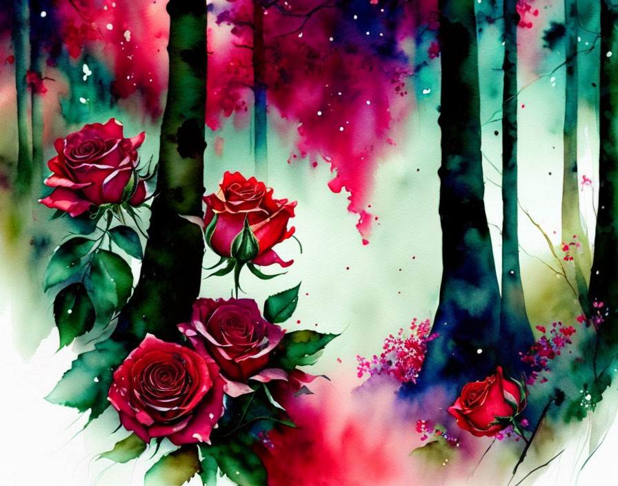 Colorful Watercolor Painting of Red Roses in Mystical Forest