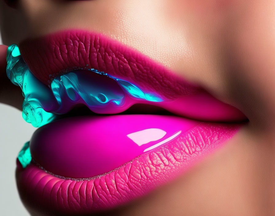 Vibrant pink lips with glistening blue liquid close-up