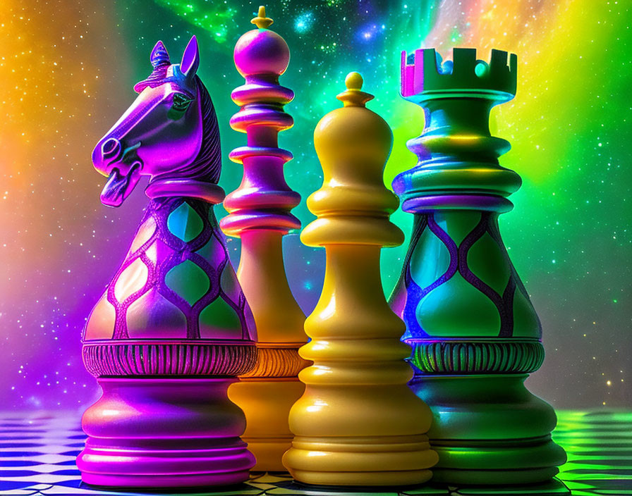 Vibrant chess pieces on colorful aurora background