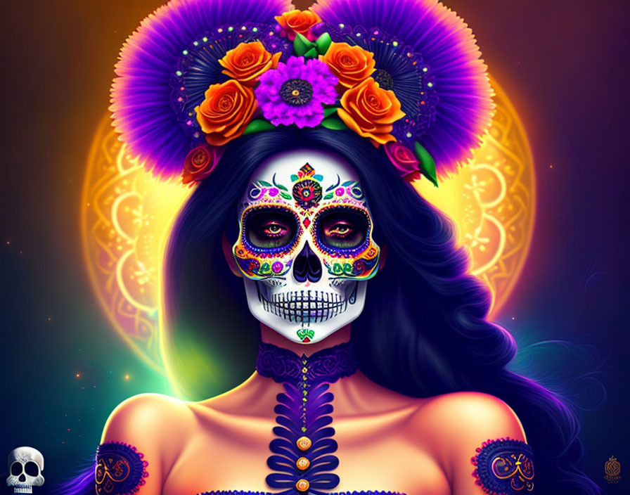 Colorful Dia de los Muertos female figure with floral headdress on dark backdrop