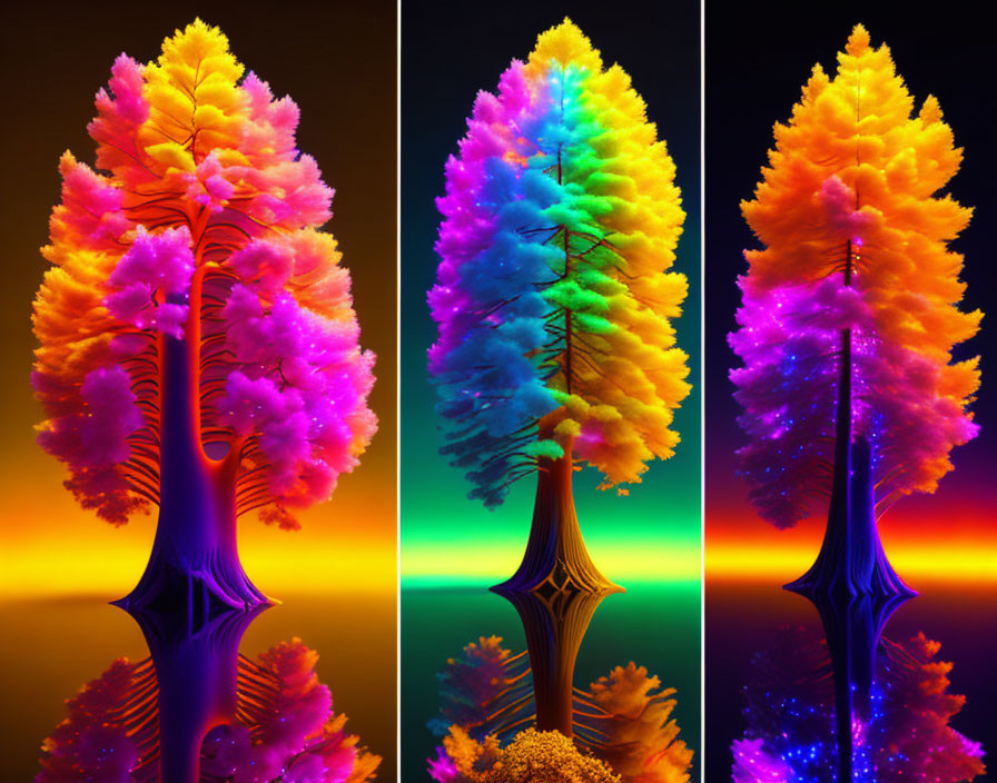 Vibrant gradient leaf trees on dark background