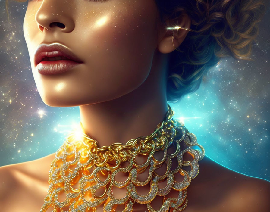 Ethereal digital art portrait of a woman with golden jewelry against cosmic backdrop