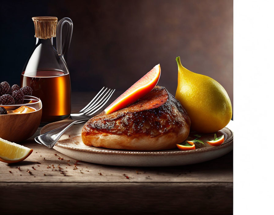 Plate of grilled chicken breast with fruits and sauce on wooden table