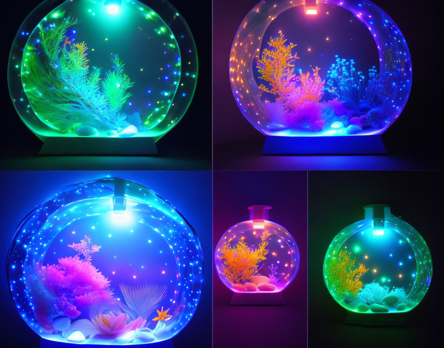 Vibrant Glowing Aquatic Plant Aquariums in Green, Blue, Purple, and Yellow Lighting