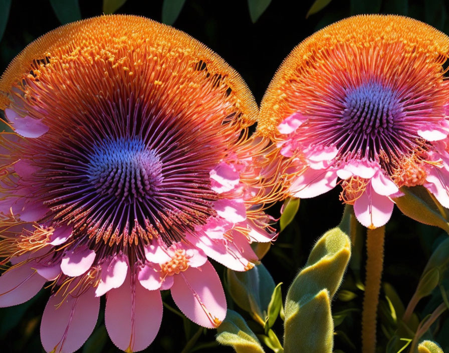 Vibrant Pink and Orange Protea Flowers with Blue Center in Dark Green Foliage