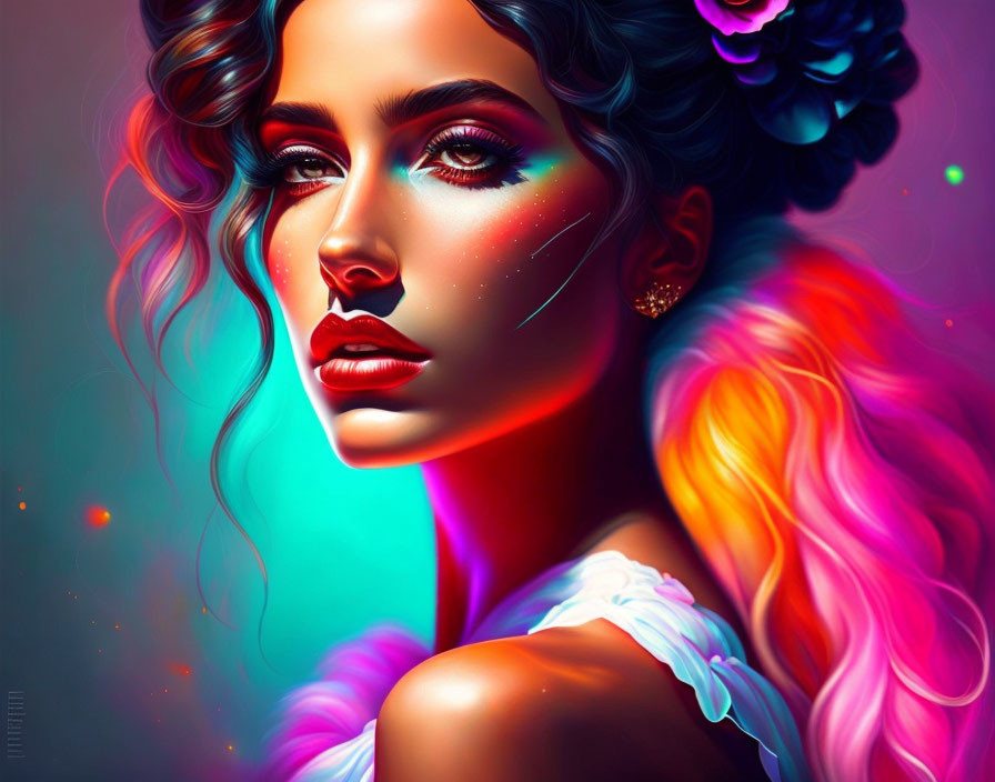 Vibrant portrait of woman with colorful makeup and pink ombre hair.