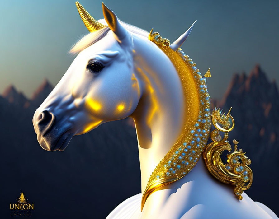 White horse with golden horn and jewelry in 3D against mountains