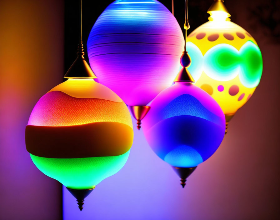 Vibrant hanging lanterns with intricate patterns on dark background