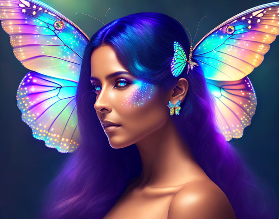 Vibrant blue hair woman with sparkling dots and colorful butterfly wings