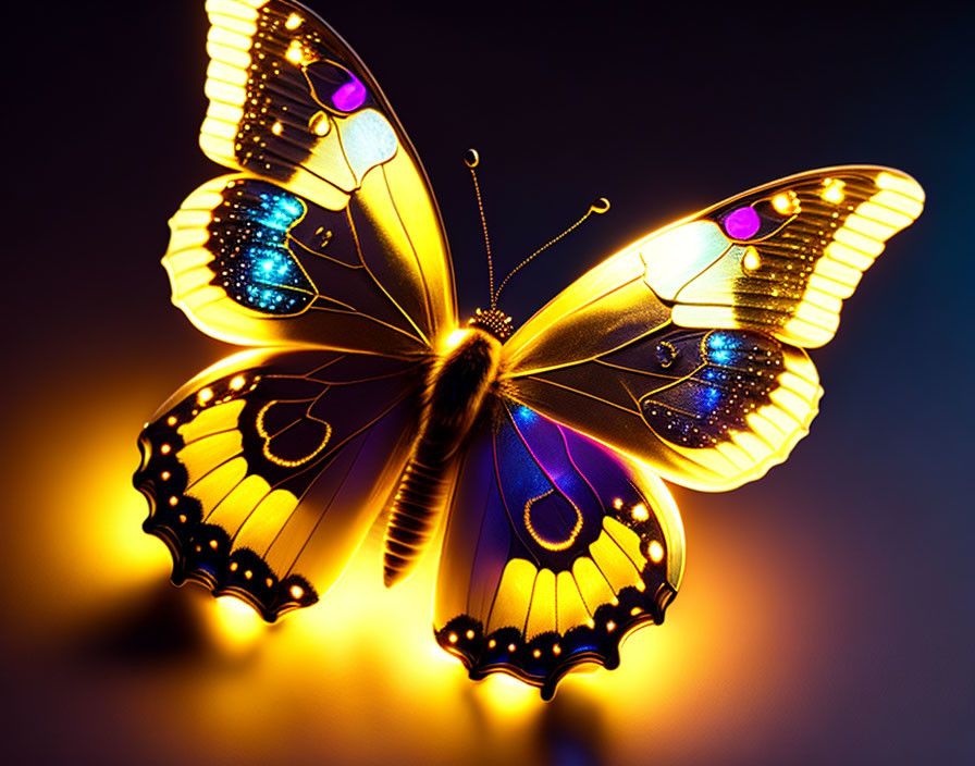 Colorful Butterfly Digital Art with Glowing Edges in Blue, Yellow, and Purple