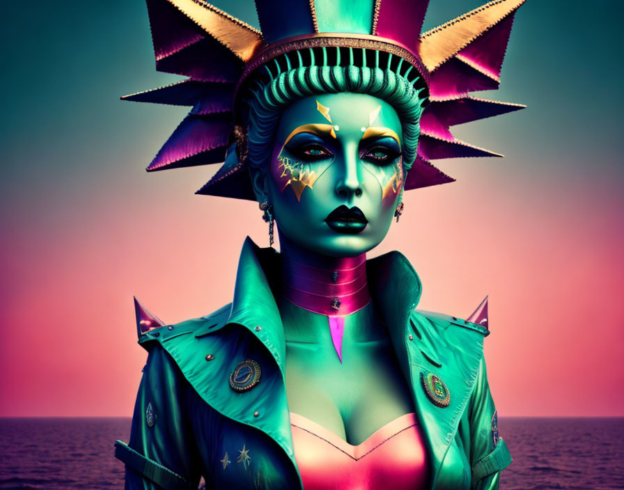 Statue of Liberty as punk woman on sunset gradient backdrop