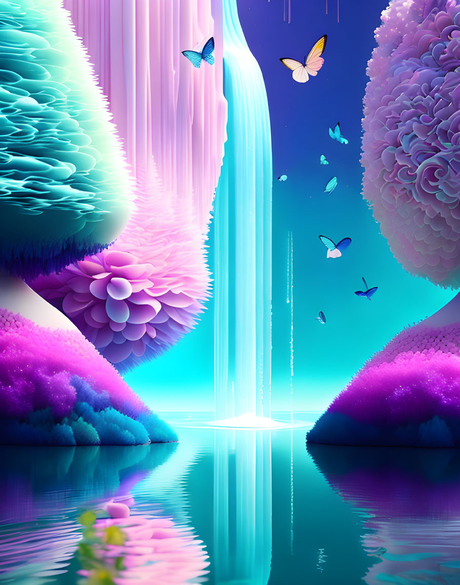 Colorful fantasy landscape with waterfall, butterflies, and reflective surface