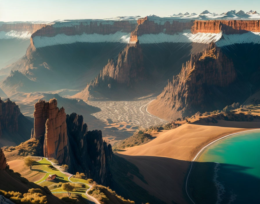 Majestic landscape with cliffs, dunes, river, and lake