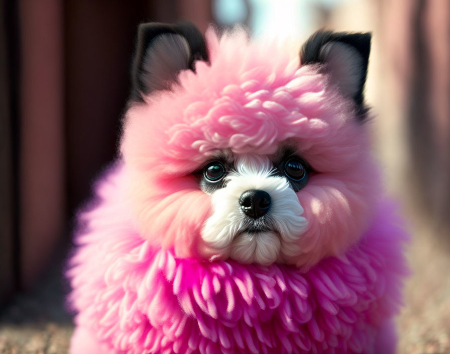 Pink-dyed fluffy poodle with black eyes and nose.