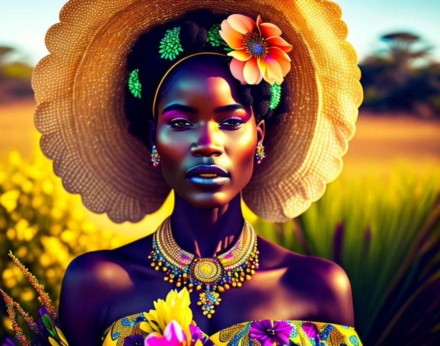 Colorful woman with flowers and hat in African savannah.