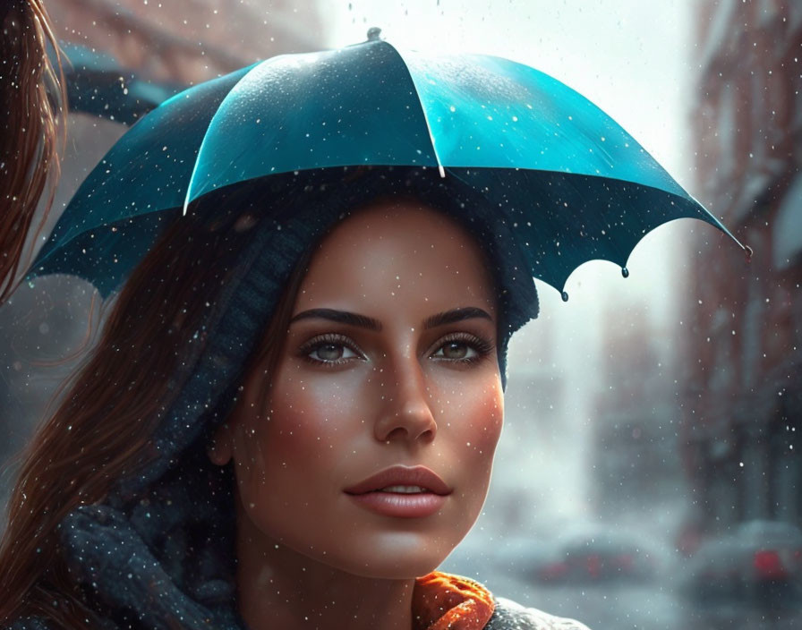 Woman holding blue umbrella in snowy city setting