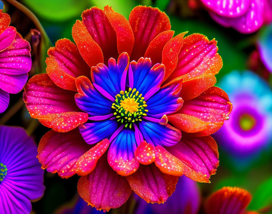 Vibrant red flower with blue and yellow center surrounded by water droplets, pink flowers, and